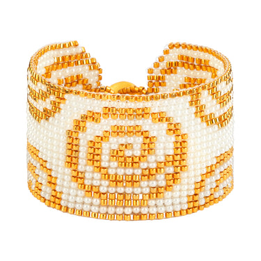 Brazalete Telar Dorado Grueso Espirales Perla